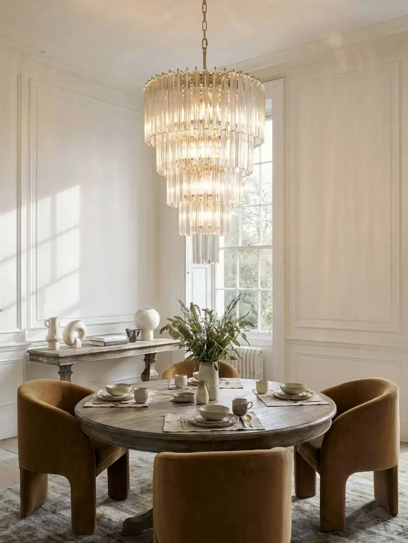 111 prism Murano chandelier hanging in a diningroom