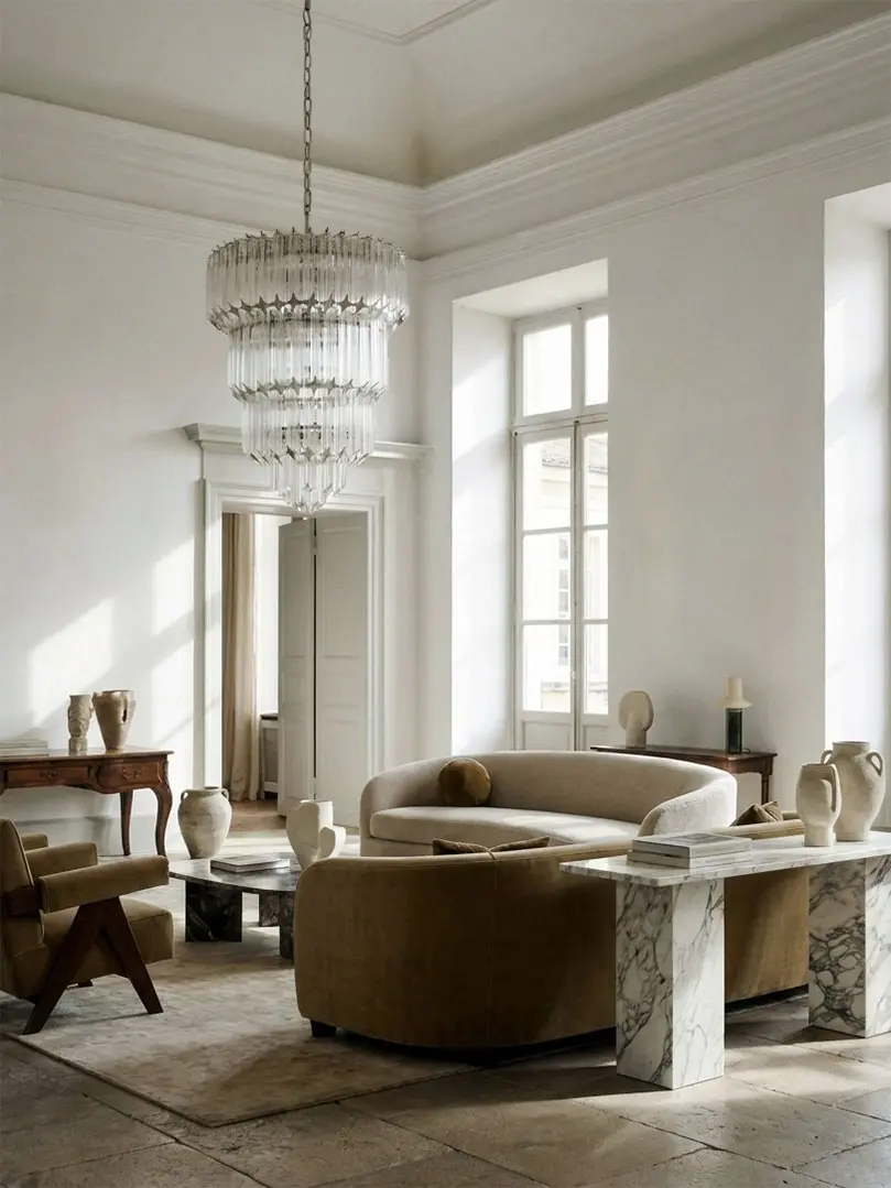 112 Murano glass prism chandelier hanging in a livingroom