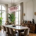 84 pink poliedri Murano chandelier hanging in diningroom