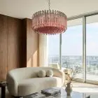 265 pink Murano triedri prism chandelier hanging in livingroom