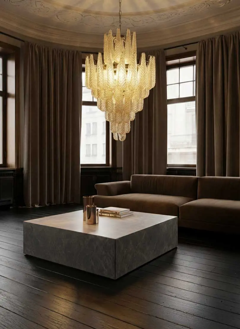 Murano ljuskrona – Droppe – 85 glas – Bärnsten