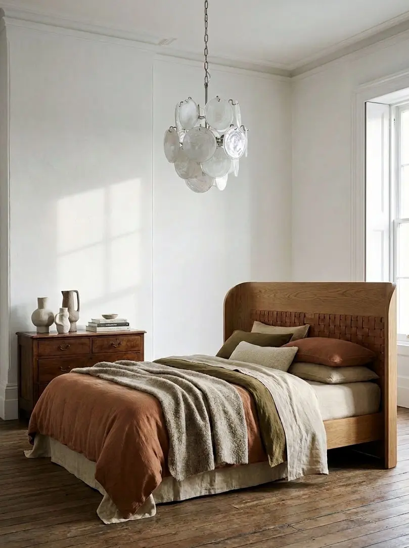 24 white alabaster Murano disk chandelier hanging in a bedroom