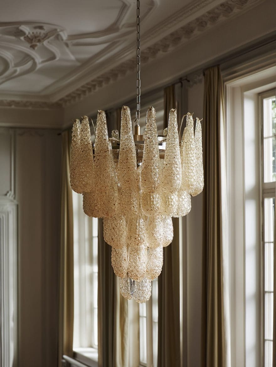 Murano ljuskrona – Droppe – 52 glas – Bärnsten Krom blank