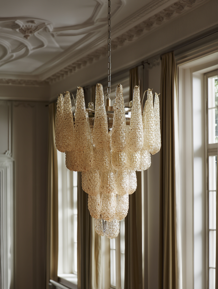 Murano ljuskrona &ndash; Droppe &ndash; 52 glas &ndash; B&auml;rnsten Krom blank