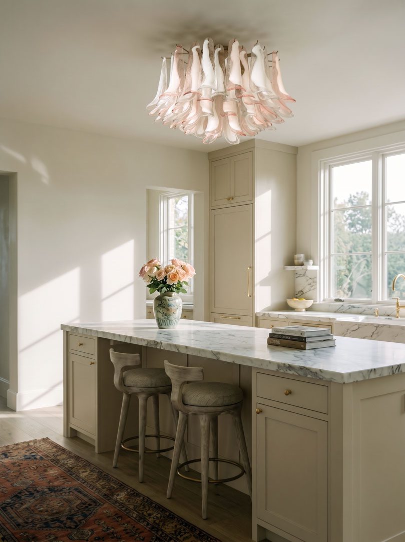 64 Murano pink and transparent petals chandelier hanging in kitchen
