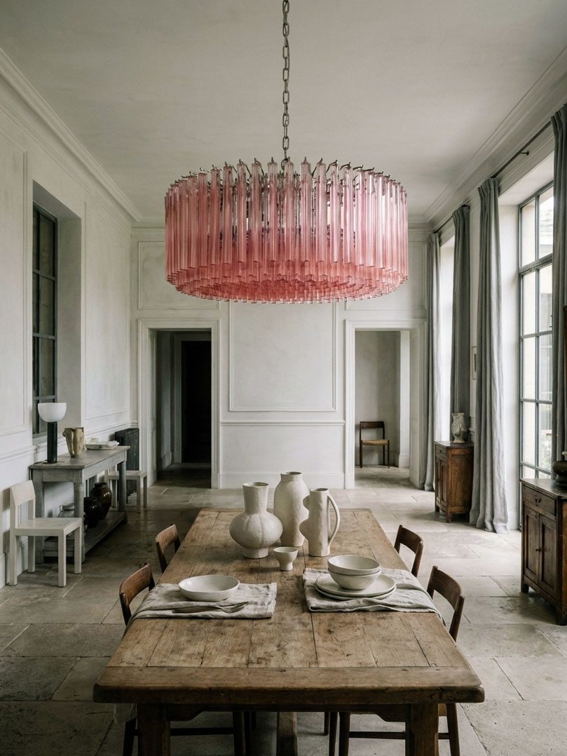 Murano ljuskrona Triedri 391 prismer Rosa Krom patinerad