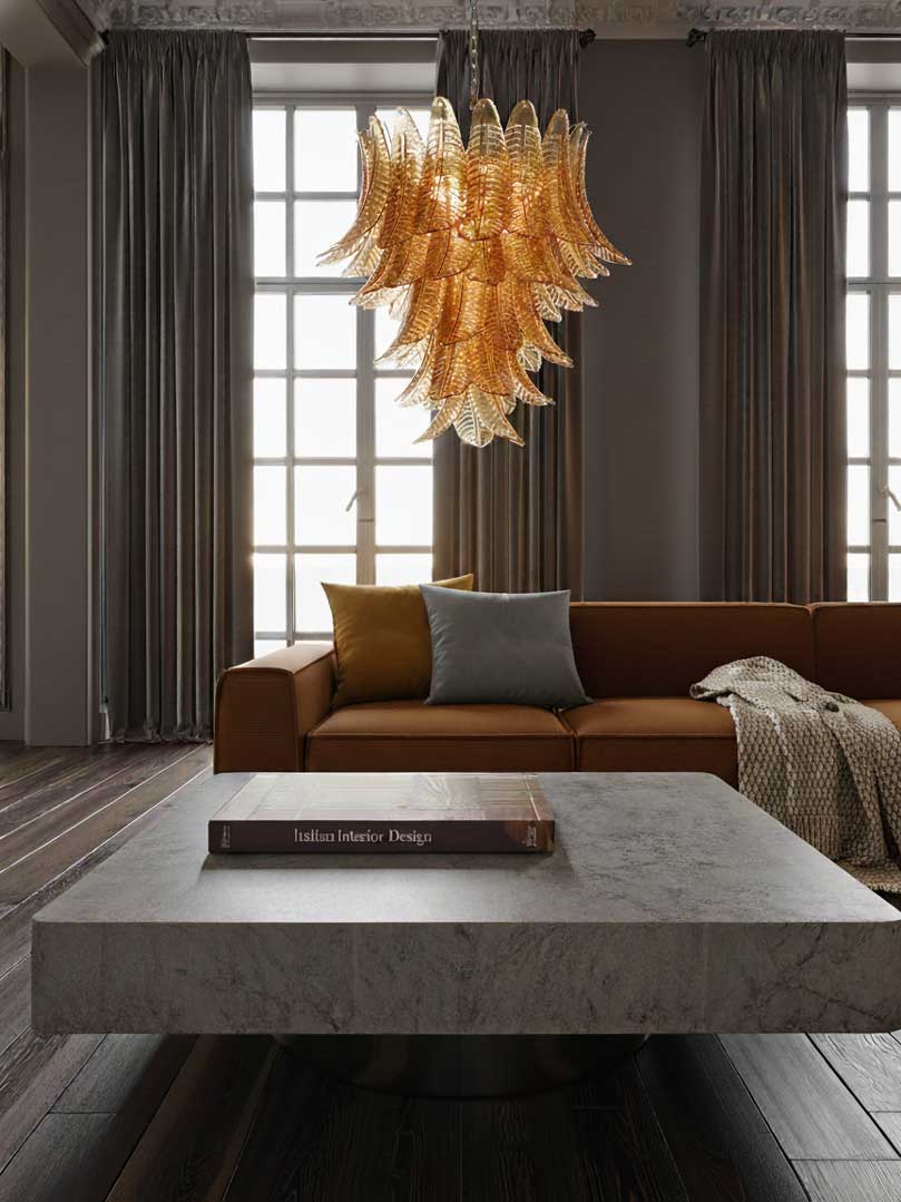 Murano ljuskrona – 52 glasblad – Bärnsten Krom patinerad