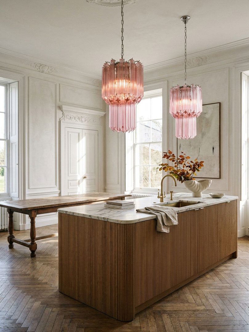 Murano ljuskrona &ndash; Quadriedri &ndash; 46 prismer &ndash; Rosa Krom patinerad
