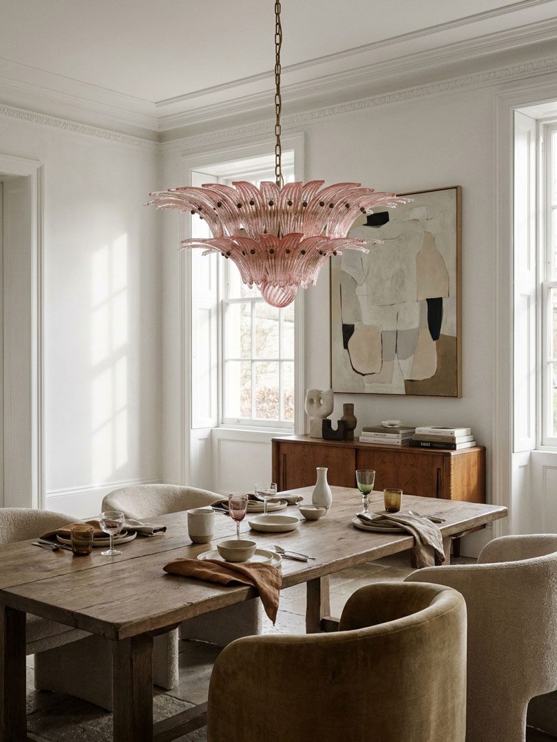 Pink palmette 58 glasses hanging in livingroom