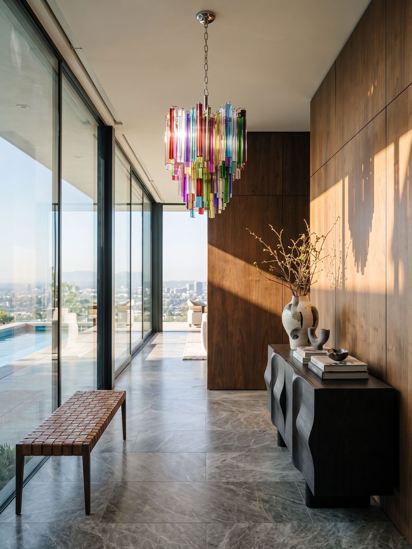 72 triedri multicolor Murano chandelier hanging in hall