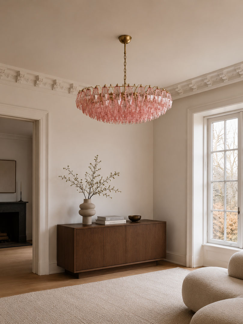 Murano ljuskrona – Poliedri – 185 glas – Rosa Matt guld med patina