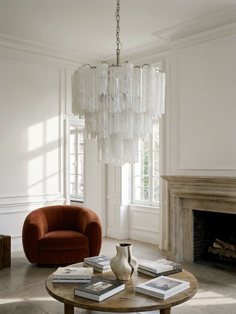 Murano ljuskrona &ndash; 48 r&ouml;r &ndash; Alabaster &ndash; Vit Krom patinerad