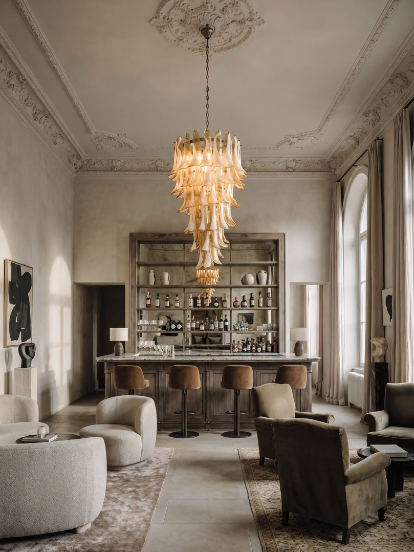 83 lattimo amber petals chandelier haning in a bar