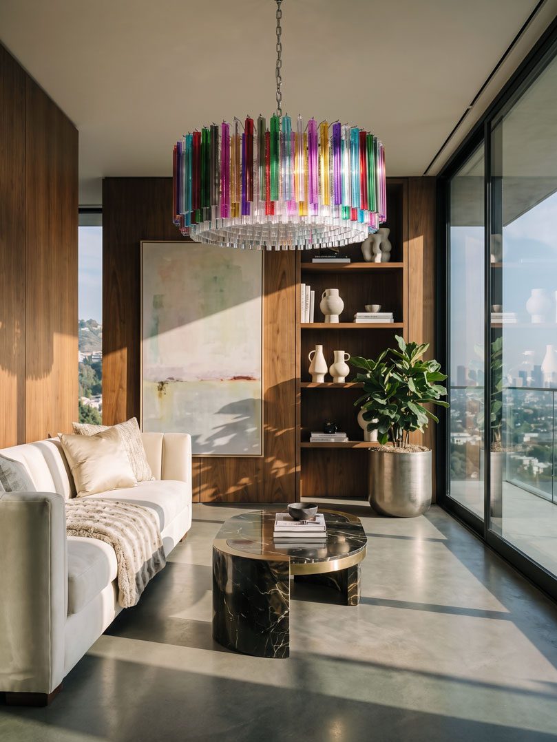 391 multi prism Murano chandlier hanging in a livingroom