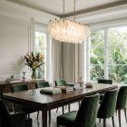 84 white alabaster poliedri hanging in a diningroom