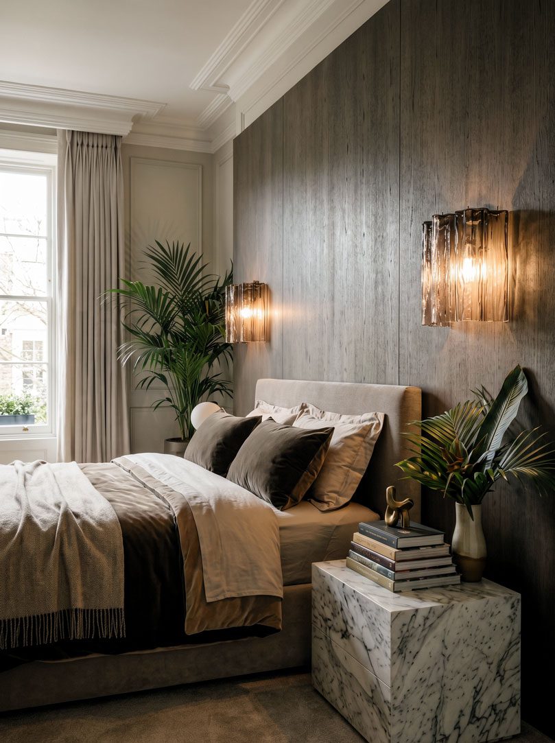 5 smoked Murano tubes sconces hanging in bedroom